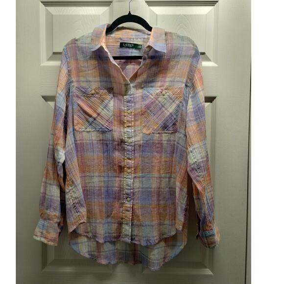 Lauren Ralph Lauren Size L Pastel Gauzy Semi-Sheer Button Up Long Sleeve Shirt - Picture 1 of 8
